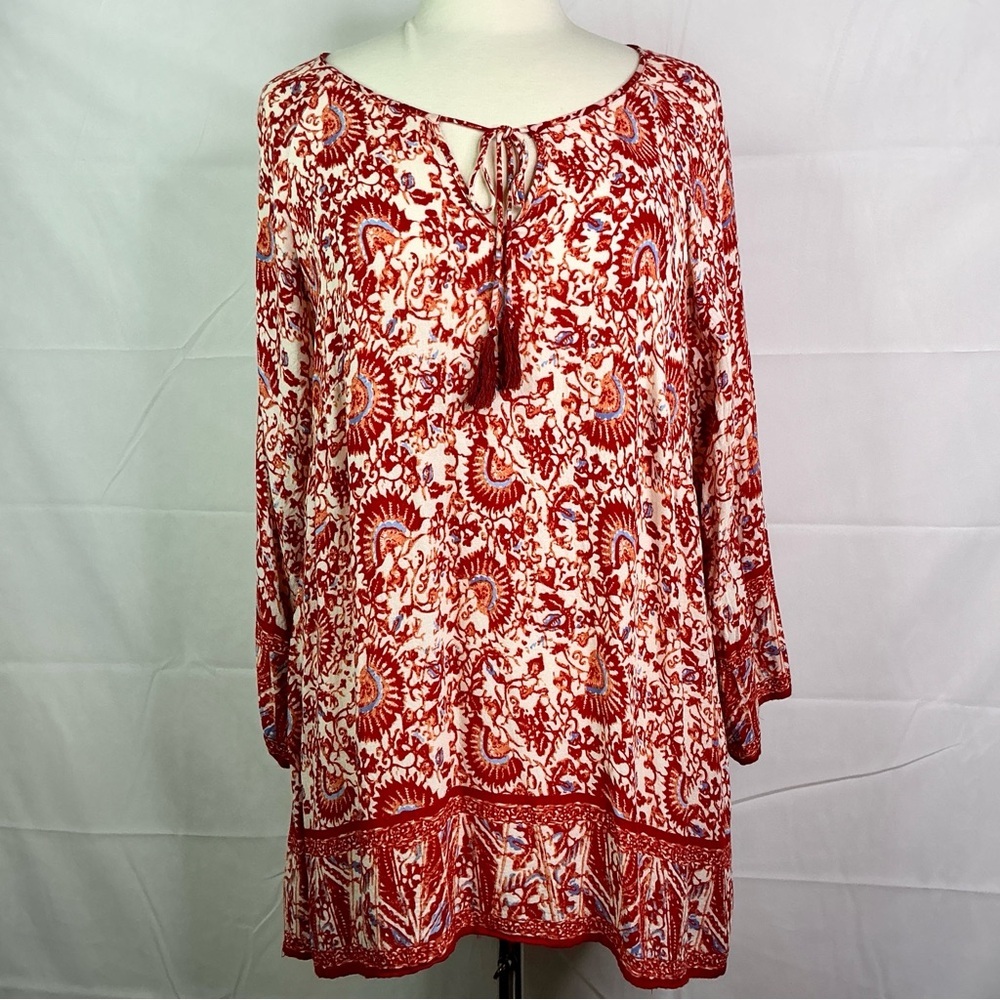 Cynthia‎ Rowley Top Size 2X Red Orange White Paisley Tunic Fall Blouse